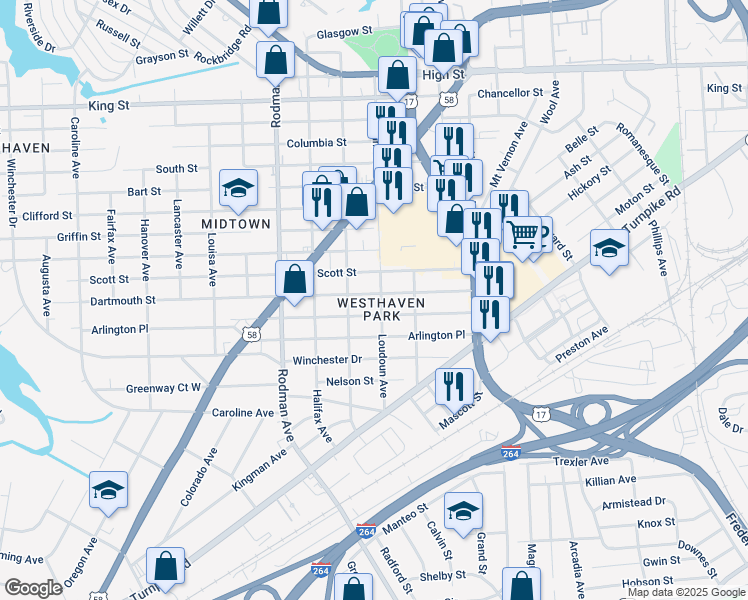 map of restaurants, bars, coffee shops, grocery stores, and more near 3411 Dartmouth Street in Portsmouth
