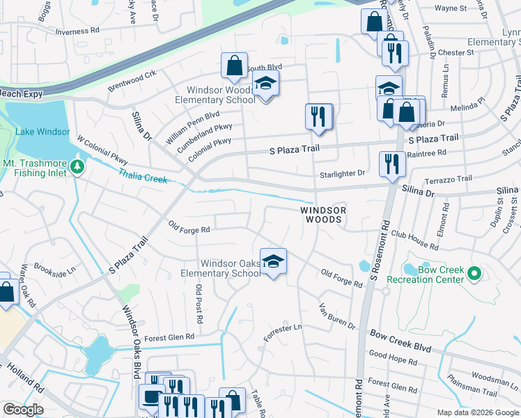 map of restaurants, bars, coffee shops, grocery stores, and more near 405 South Kings Point Road in Virginia Beach