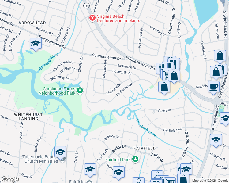 map of restaurants, bars, coffee shops, grocery stores, and more near 5344 Sherluck Road in Virginia Beach