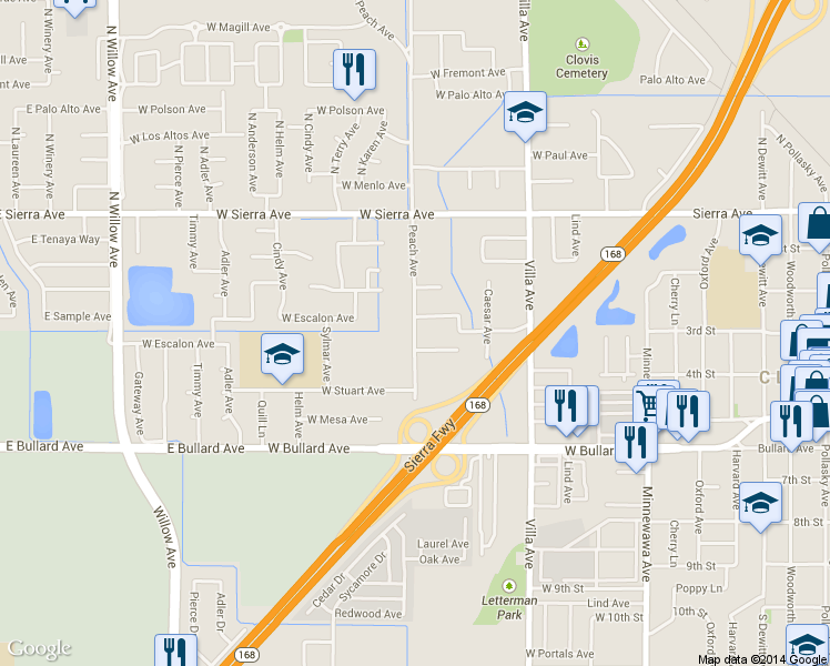 map of restaurants, bars, coffee shops, grocery stores, and more near 323 Peach Avenue in Clovis