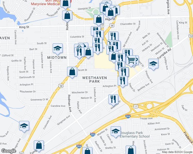 map of restaurants, bars, coffee shops, grocery stores, and more near 3311 Dartmouth Street in Portsmouth