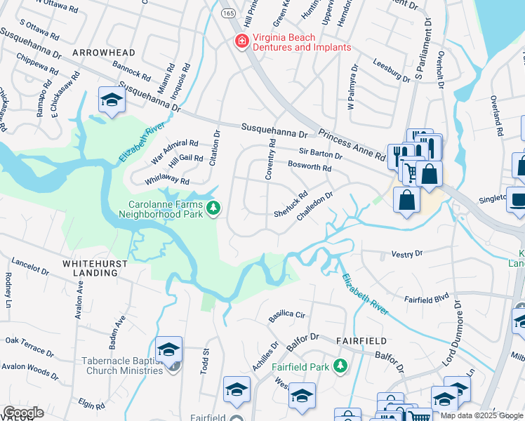 map of restaurants, bars, coffee shops, grocery stores, and more near 349 Coventry Rd in Virginia Beach