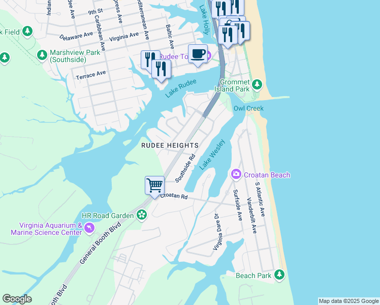 map of restaurants, bars, coffee shops, grocery stores, and more near 401 Grace Ave in Virginia Beach