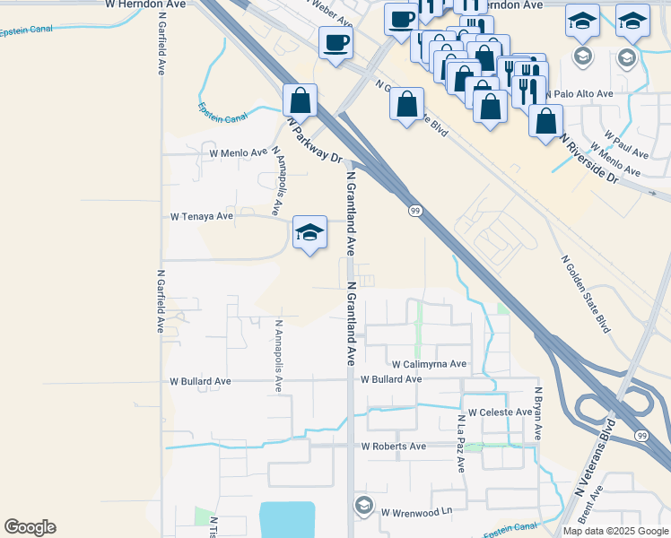 map of restaurants, bars, coffee shops, grocery stores, and more near 6265 North Grantland Avenue in Fresno