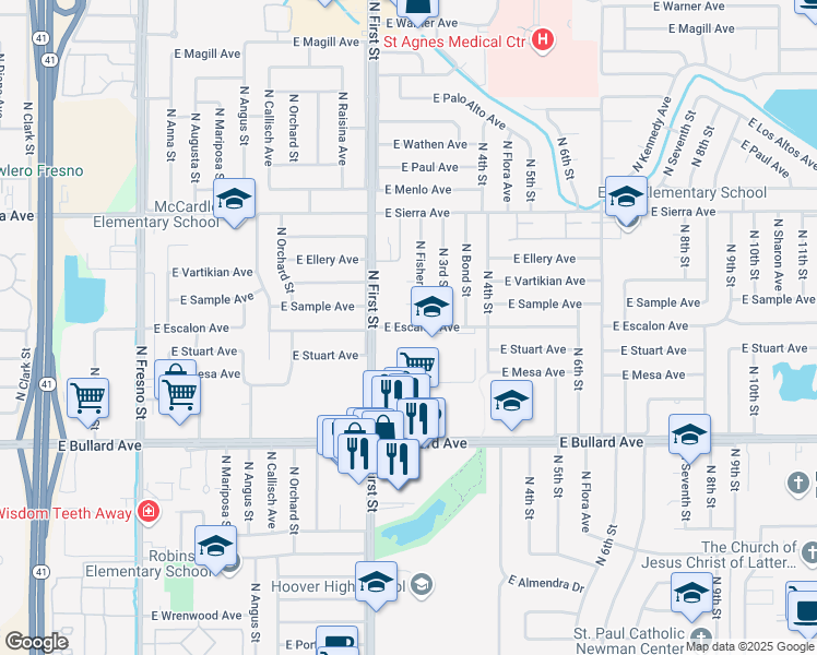 map of restaurants, bars, coffee shops, grocery stores, and more near 1127 East Escalon Avenue in Fresno