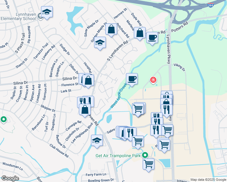 map of restaurants, bars, coffee shops, grocery stores, and more near 514 Pheasant Run in Virginia Beach