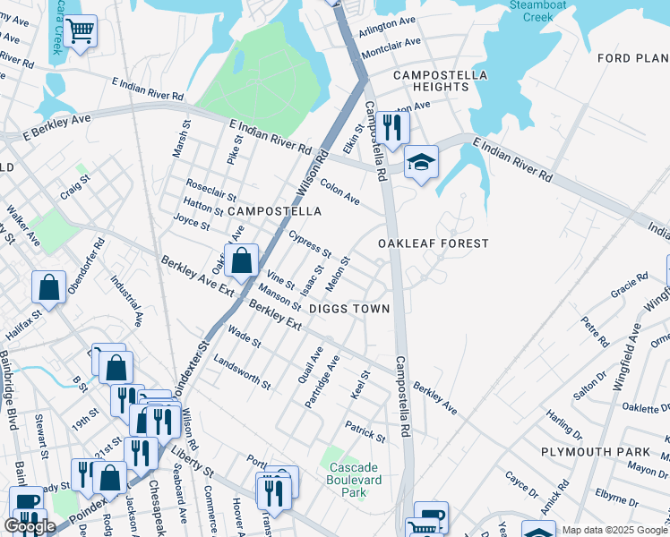 map of restaurants, bars, coffee shops, grocery stores, and more near 1530 Isaac Street in Norfolk