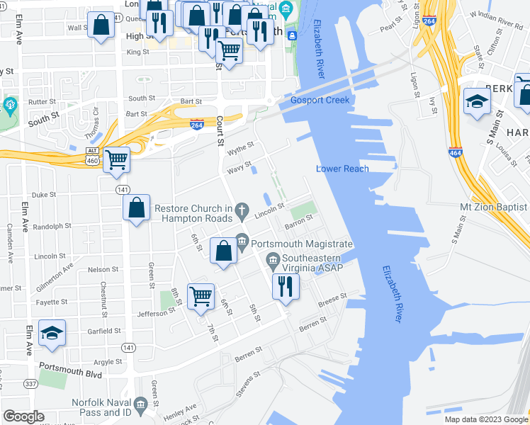 map of restaurants, bars, coffee shops, grocery stores, and more near 311 3rd Street in Portsmouth