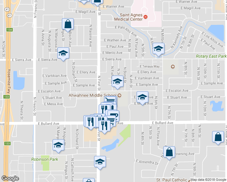 map of restaurants, bars, coffee shops, grocery stores, and more near 1181 East Escalon Avenue in Fresno