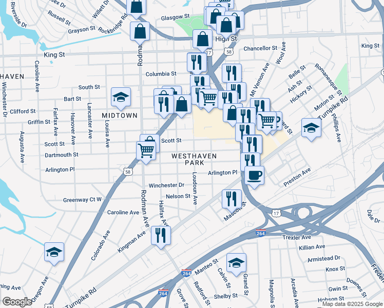 map of restaurants, bars, coffee shops, grocery stores, and more near 3401 Dartmouth Street in Portsmouth