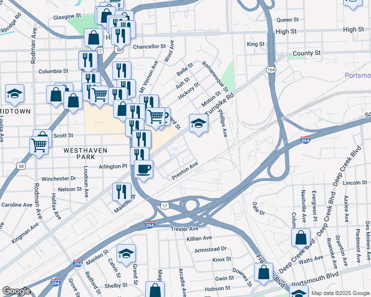 map of restaurants, bars, coffee shops, grocery stores, and more near 2804 Ambler Avenue in Portsmouth