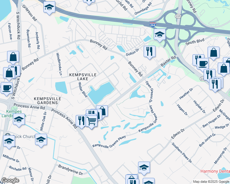 map of restaurants, bars, coffee shops, grocery stores, and more near 4608 Fern Oak Court in Virginia Beach