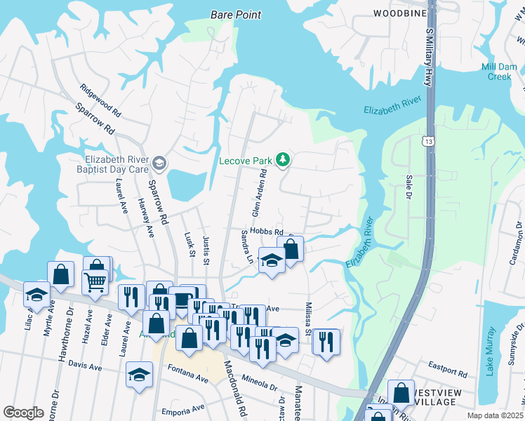 map of restaurants, bars, coffee shops, grocery stores, and more near 3412 Glen Arden Road in Virginia Beach