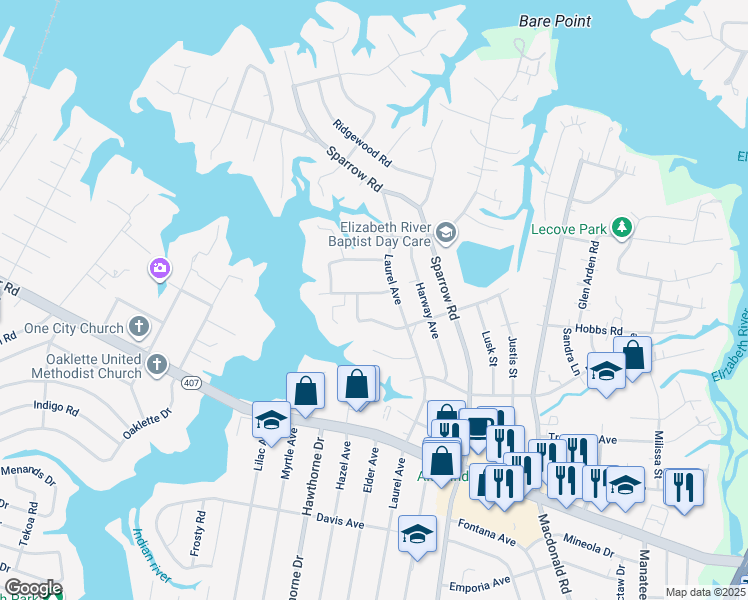map of restaurants, bars, coffee shops, grocery stores, and more near 4119 Chowan Avenue in Chesapeake