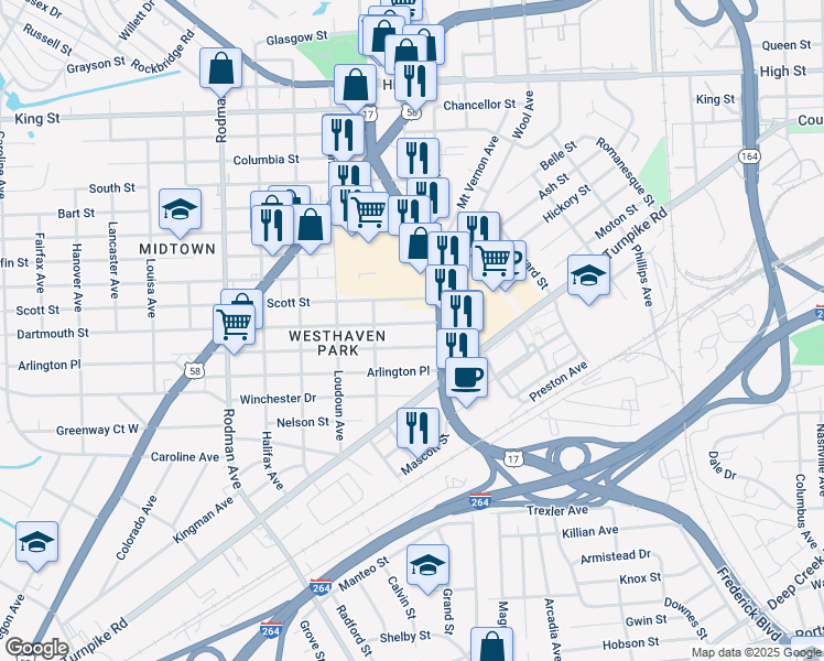 map of restaurants, bars, coffee shops, grocery stores, and more near 3111 Dartmouth Street in Portsmouth
