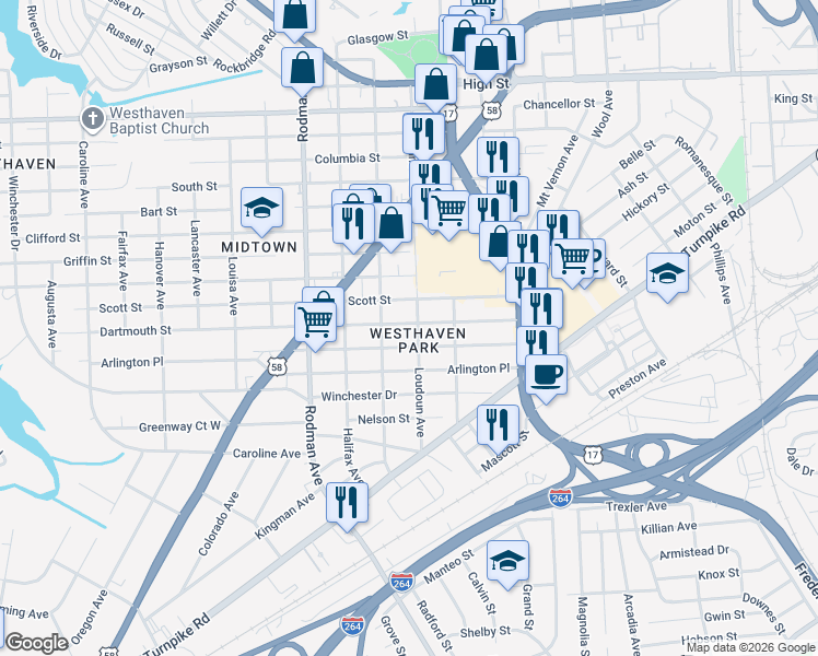 map of restaurants, bars, coffee shops, grocery stores, and more near 3411 Dartmouth Street in Portsmouth