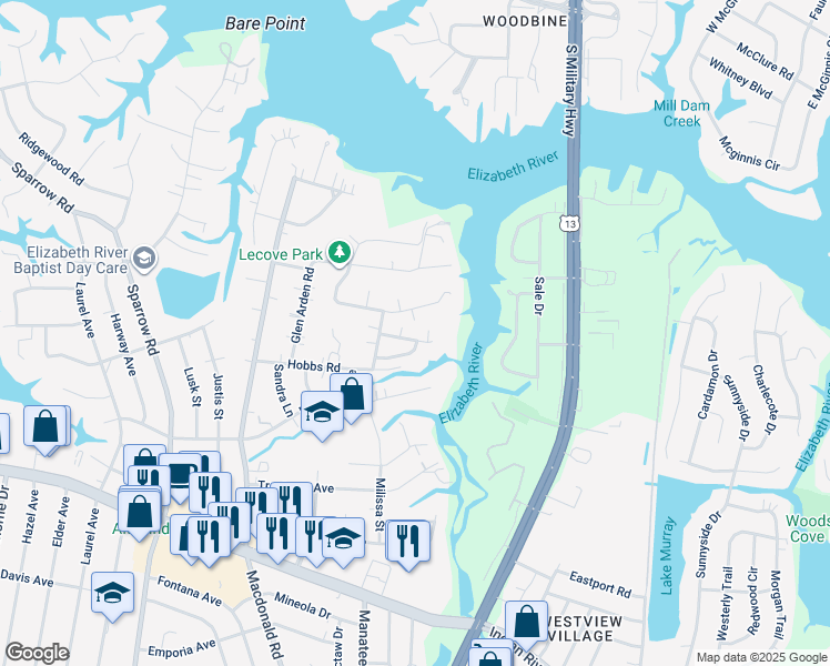 map of restaurants, bars, coffee shops, grocery stores, and more near 808 Kings Creek Drive in Virginia Beach