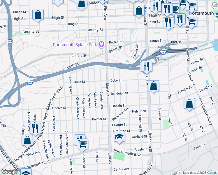 map of restaurants, bars, coffee shops, grocery stores, and more near 1601 Elm Avenue in Portsmouth