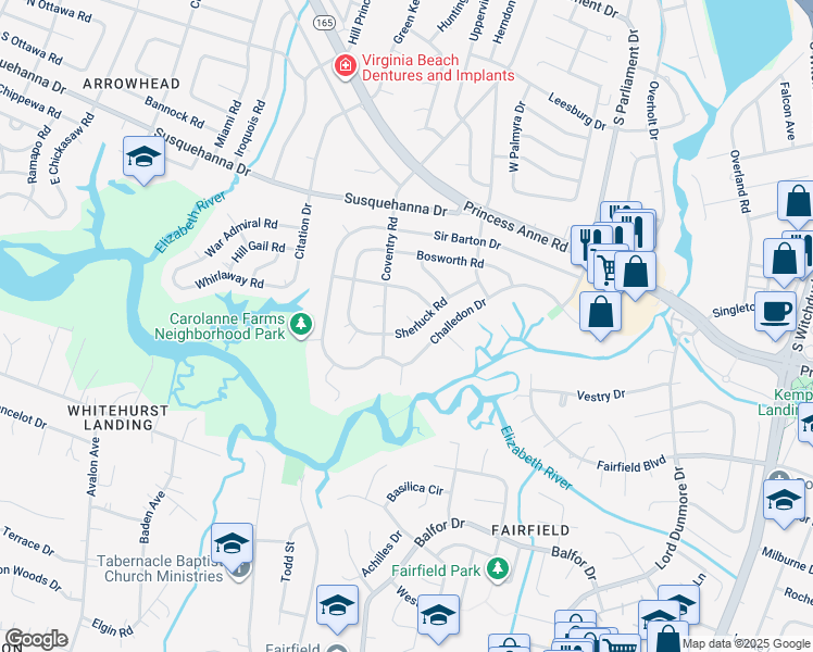 map of restaurants, bars, coffee shops, grocery stores, and more near 5344 Sherluck Road in Virginia Beach