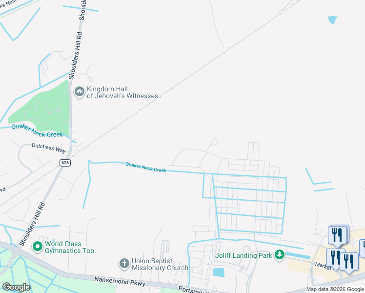 map of restaurants, bars, coffee shops, grocery stores, and more near 5223 Corolla Drive in Suffolk