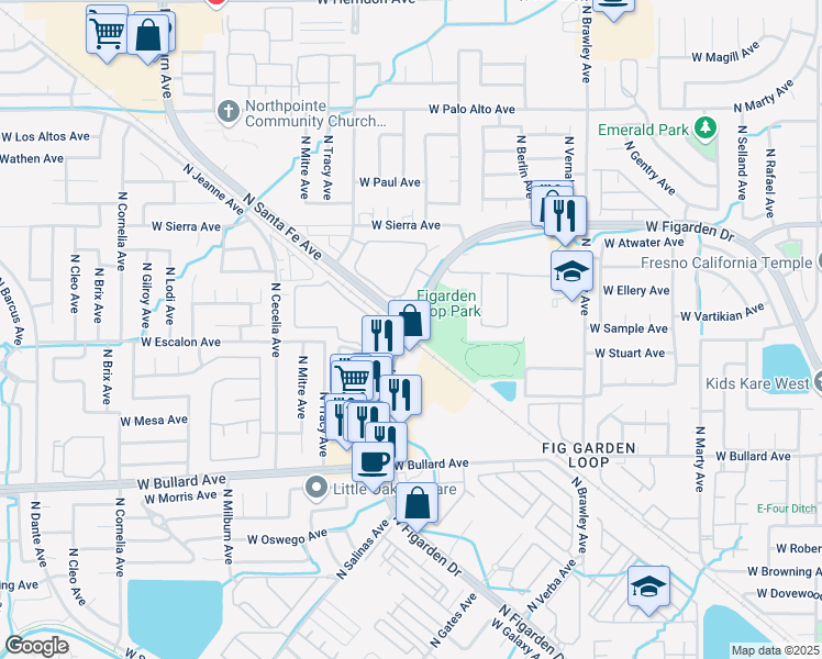map of restaurants, bars, coffee shops, grocery stores, and more near North Figarden Drive & North Santa Fe Avenue in Fresno