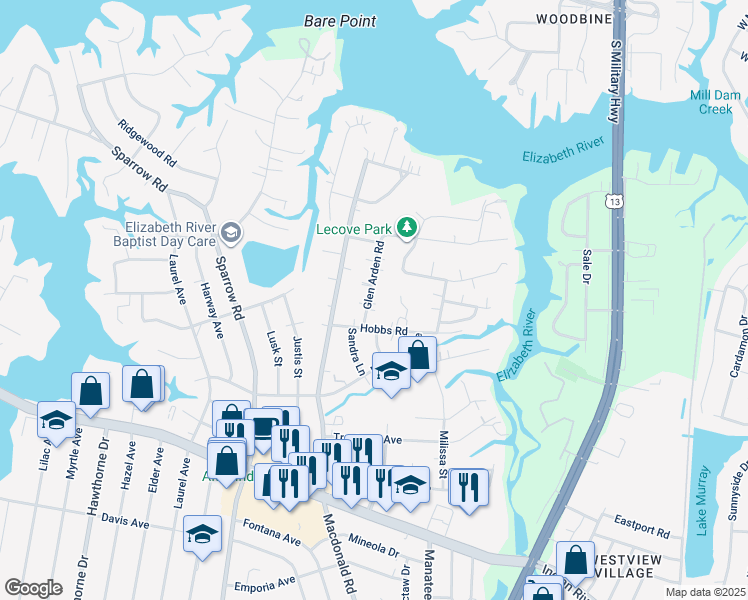 map of restaurants, bars, coffee shops, grocery stores, and more near 3412 Glen Arden Road in Virginia Beach
