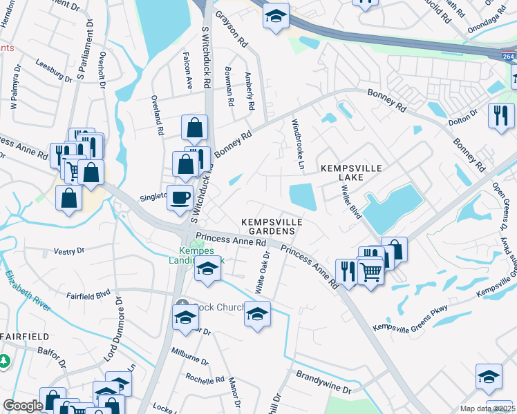 map of restaurants, bars, coffee shops, grocery stores, and more near 412 Belingham Road in Virginia Beach