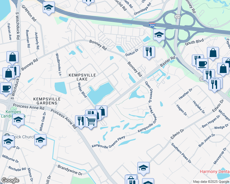 map of restaurants, bars, coffee shops, grocery stores, and more near 4606 Fern Oak Court in Virginia Beach