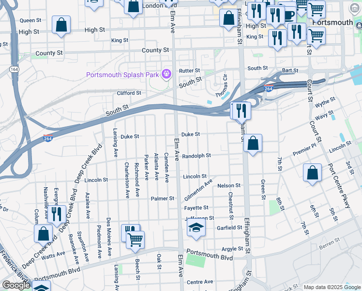 map of restaurants, bars, coffee shops, grocery stores, and more near 1601 Elm Avenue in Portsmouth