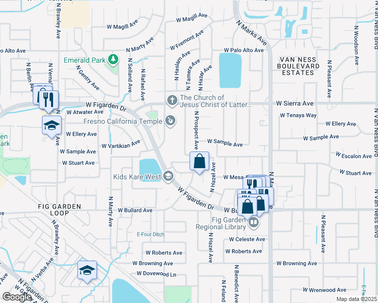 map of restaurants, bars, coffee shops, grocery stores, and more near 6218 North Tamera Avenue in Fresno