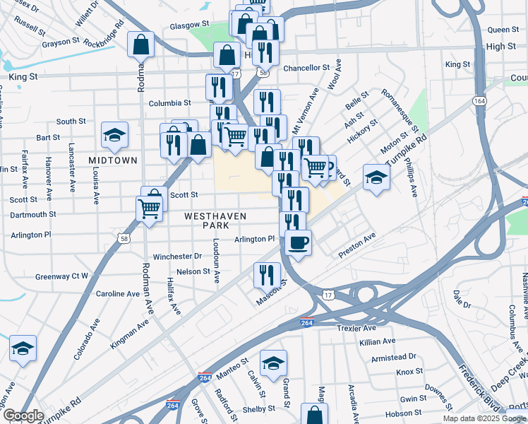map of restaurants, bars, coffee shops, grocery stores, and more near 3111 Dartmouth Street in Portsmouth