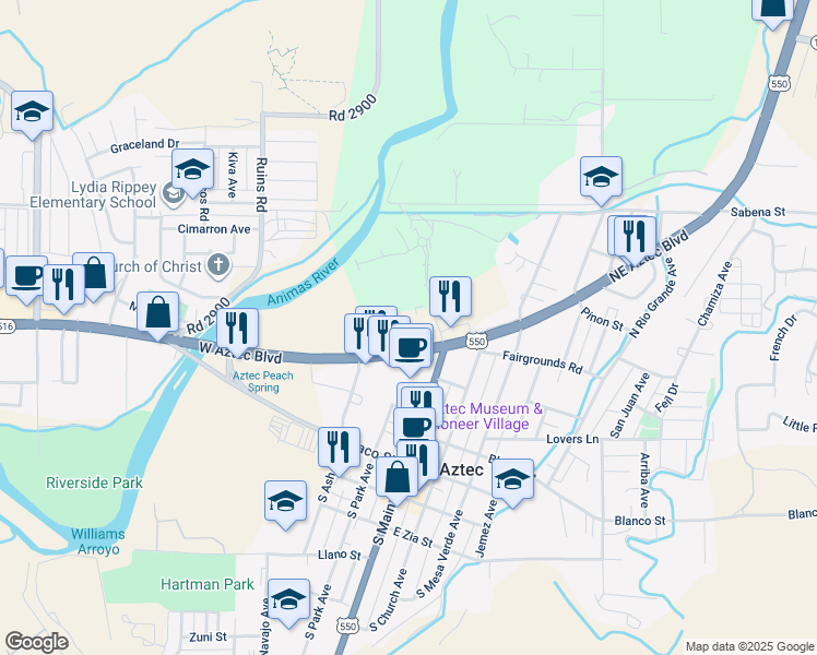 map of restaurants, bars, coffee shops, grocery stores, and more near 205 NE Aztec Blvd in Aztec