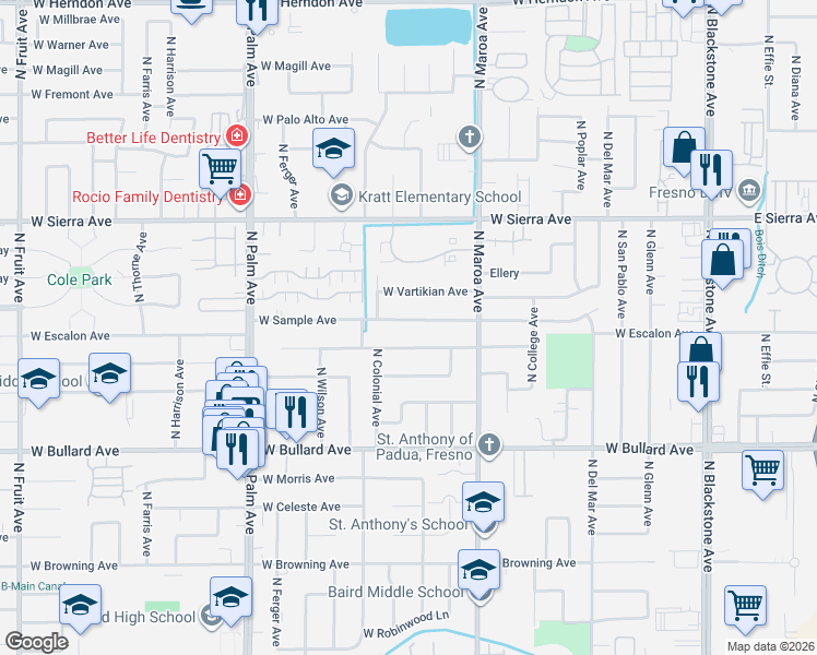 map of restaurants, bars, coffee shops, grocery stores, and more near 522 West Escalon Avenue in Fresno