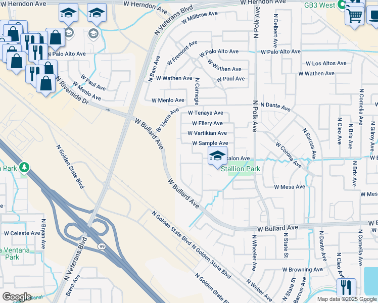 map of restaurants, bars, coffee shops, grocery stores, and more near 5777 West Escalon Avenue in Fresno