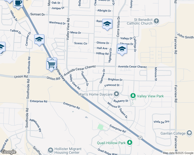 map of restaurants, bars, coffee shops, grocery stores, and more near 1400 Brighton Drive in Hollister