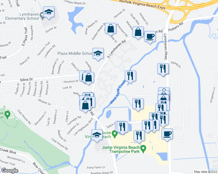 map of restaurants, bars, coffee shops, grocery stores, and more near 531 Pheasant Run in Virginia Beach
