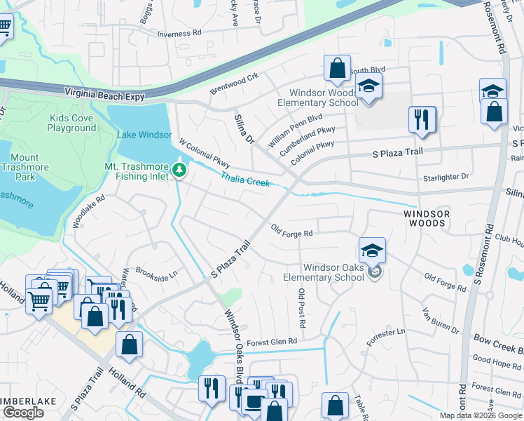 map of restaurants, bars, coffee shops, grocery stores, and more near 4025 South Plaza Trail in Virginia Beach