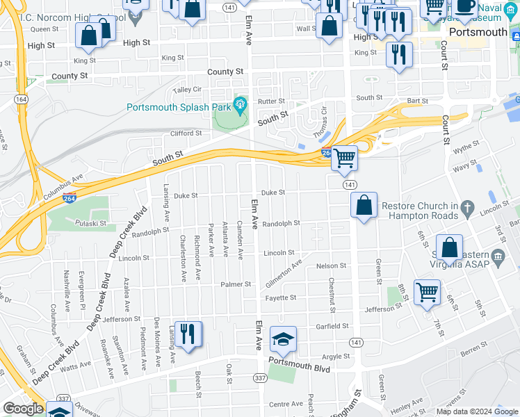 map of restaurants, bars, coffee shops, grocery stores, and more near 1603 Elm Avenue in Portsmouth