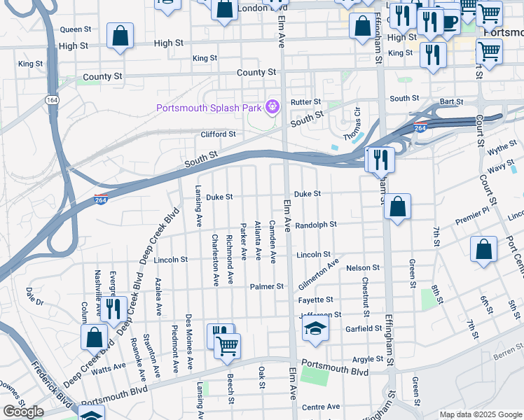 map of restaurants, bars, coffee shops, grocery stores, and more near 1601 Atlanta Avenue in Portsmouth