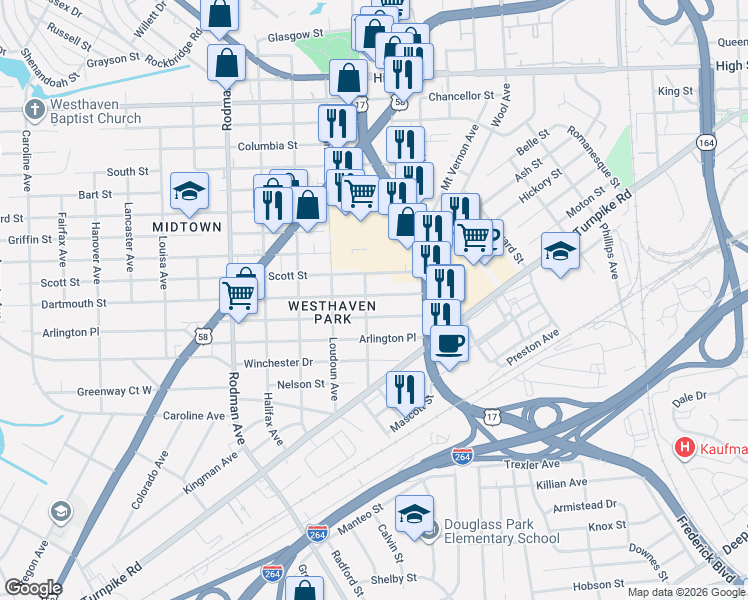 map of restaurants, bars, coffee shops, grocery stores, and more near 3207 Dartmouth Street in Portsmouth