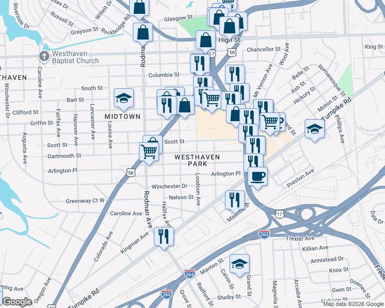 map of restaurants, bars, coffee shops, grocery stores, and more near 3411 Dartmouth Street in Portsmouth