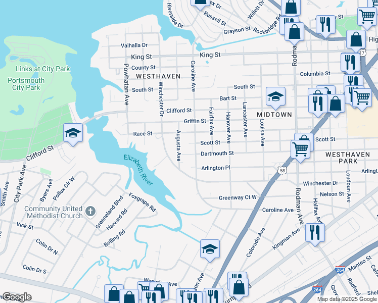 map of restaurants, bars, coffee shops, grocery stores, and more near 4303 Dartmouth Street in Portsmouth