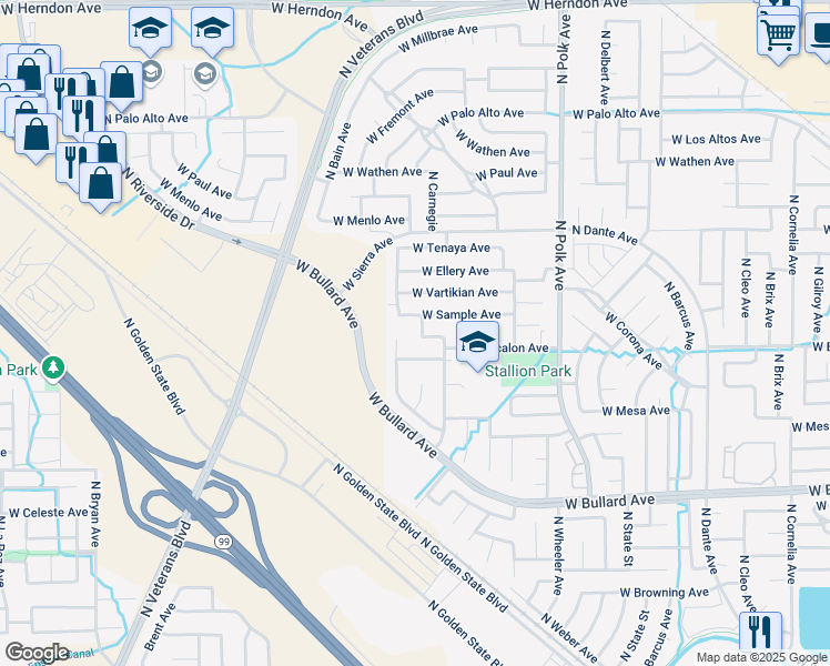 map of restaurants, bars, coffee shops, grocery stores, and more near 5777 West Escalon Avenue in Fresno