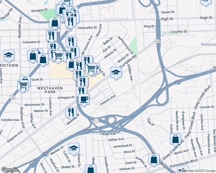 map of restaurants, bars, coffee shops, grocery stores, and more near 2804 Ambler Avenue in Portsmouth