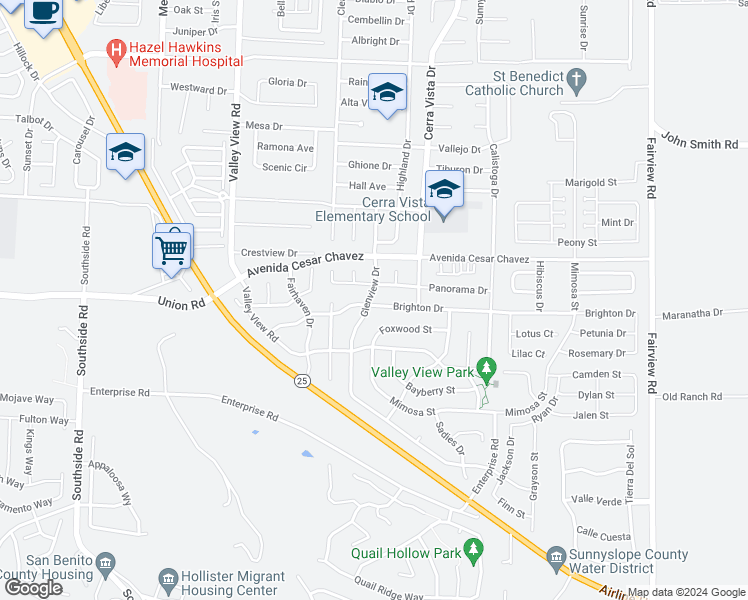 map of restaurants, bars, coffee shops, grocery stores, and more near 1500 Brighton Drive in Hollister