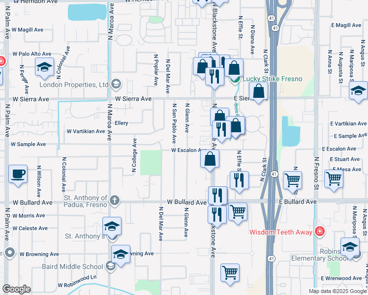 map of restaurants, bars, coffee shops, grocery stores, and more near 118 West Escalon Avenue in Fresno