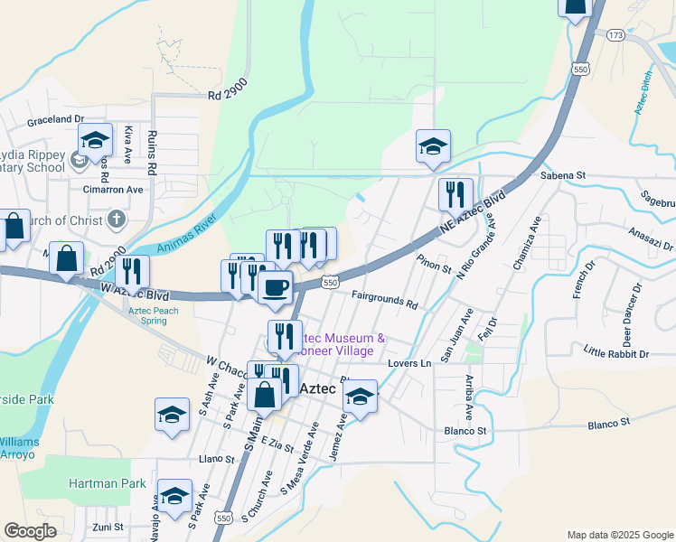 map of restaurants, bars, coffee shops, grocery stores, and more near 205 Northeast Aztec Boulevard in Aztec