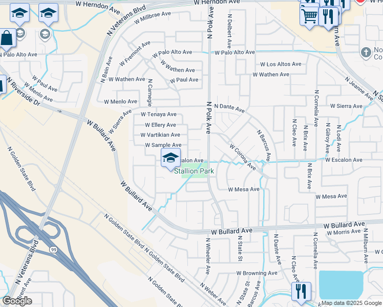map of restaurants, bars, coffee shops, grocery stores, and more near 5567 West Sample Avenue in Fresno