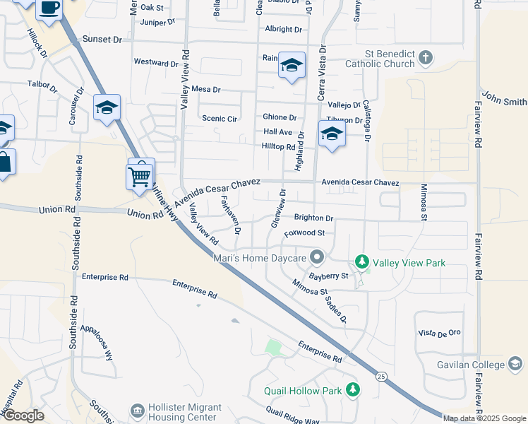 map of restaurants, bars, coffee shops, grocery stores, and more near 1400 Brighton Drive in Hollister