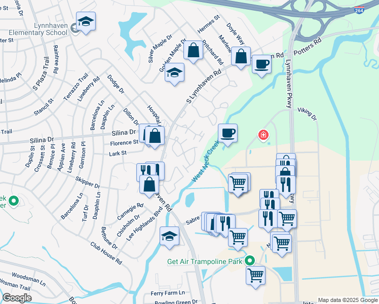 map of restaurants, bars, coffee shops, grocery stores, and more near 524 Rivers Reach in Virginia Beach